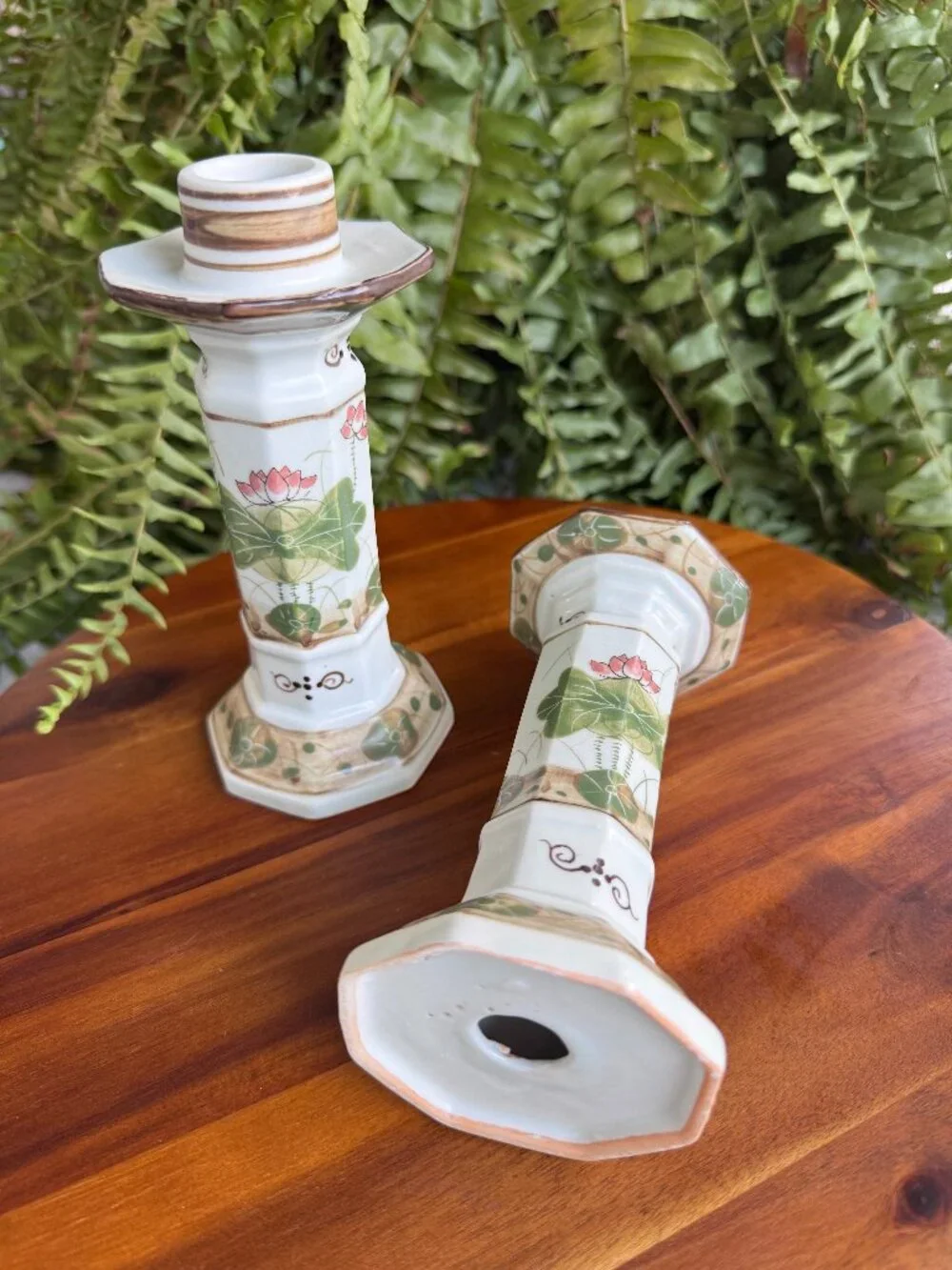 Vintage Japan Ceramic Candlestick Holders, Set of 2 Water Lily Floral Tapers